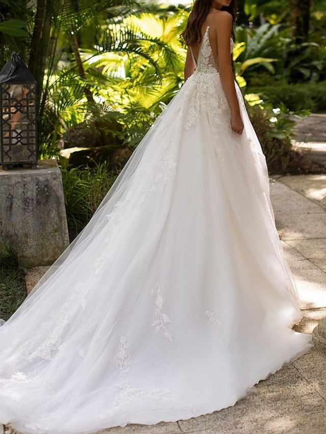 Formal A-Line Wedding Dress V-neck Lace Tulle Sleeveless Sexy Bridal Gowns with Court Train