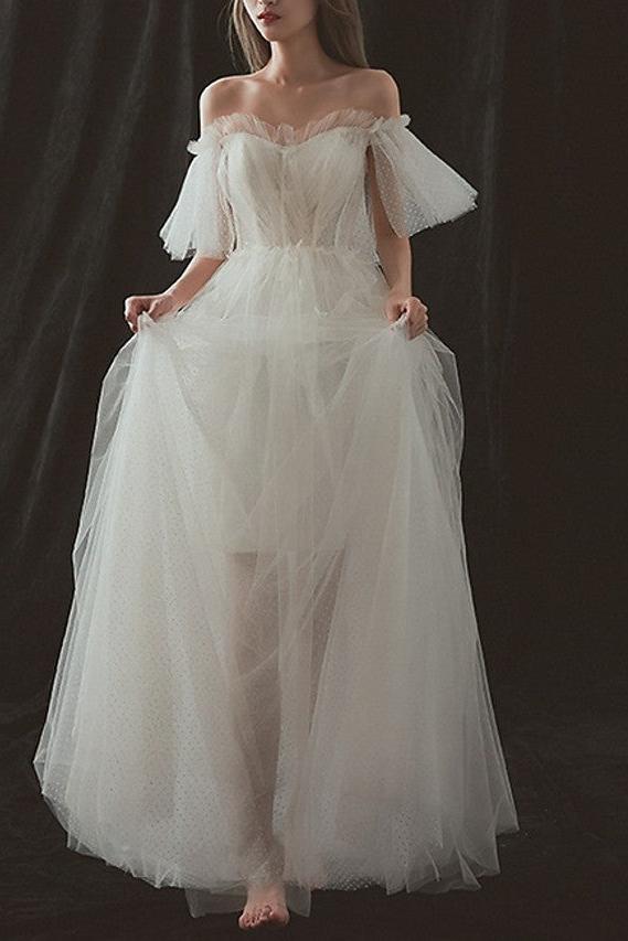 Formal A-Line Wedding Dresses Strapless Tulle Short Sleeve Bridal Gowns On Sale