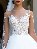 Formal Ball Gown A-Line Wedding Dress Jewel Lace Tulle Long Sleeve Sexy See-Through Backless Bridal Gowns with Sweep Train