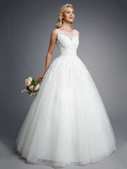 Formal Ball Gown Wedding Dresses Jewel Lace Tulle Straps Casual Backless Bridal Gowns Online
