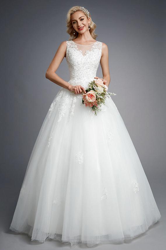 Formal Ball Gown Wedding Dresses Jewel Lace Tulle Straps Casual Backless Bridal Gowns Online