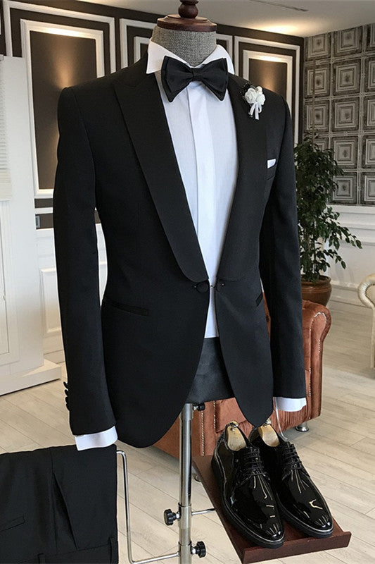 Formal Black Peaked Lapel 2 Piece Business Suit for Men