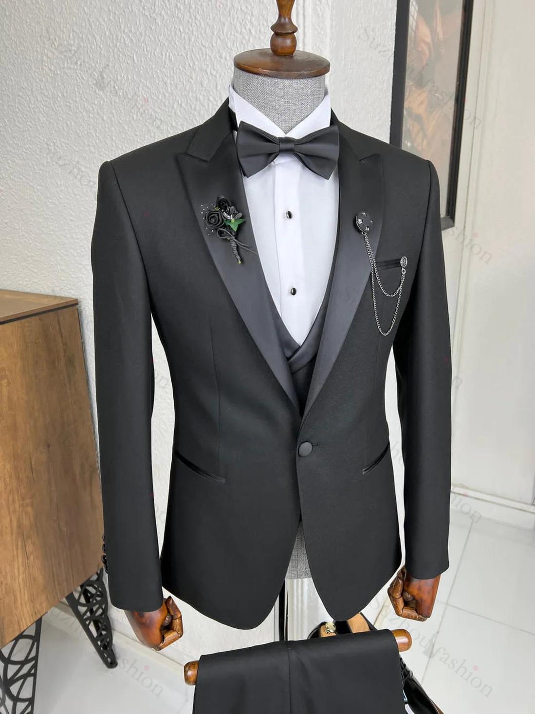 Formal Black Peaked Lapel 3 Piece Business Suit for Men
