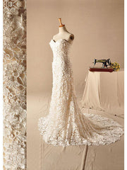 Formal Mermaid Beach Wedding Dresses Strapless Lace Sleeveless Bridal Gowns with Court Train