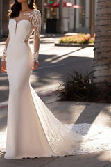 Formal Mermaid Jewel Wedding Dress Lace Satin Sleeveless Bridal Gowns with Court Train
