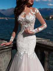 Formal Mermaid Jewel Wedding Dress Lace Tulle Long Sleeve Sexy See-Through Bridal Gowns with Court Train