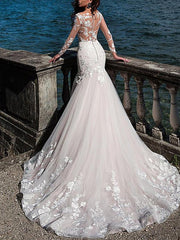Formal Mermaid Jewel Wedding Dress Lace Tulle Long Sleeve Sexy See-Through Bridal Gowns with Court Train