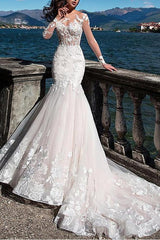 Formal Mermaid Jewel Wedding Dress Lace Tulle Long Sleeve Sexy See-Through Bridal Gowns with Court Train
