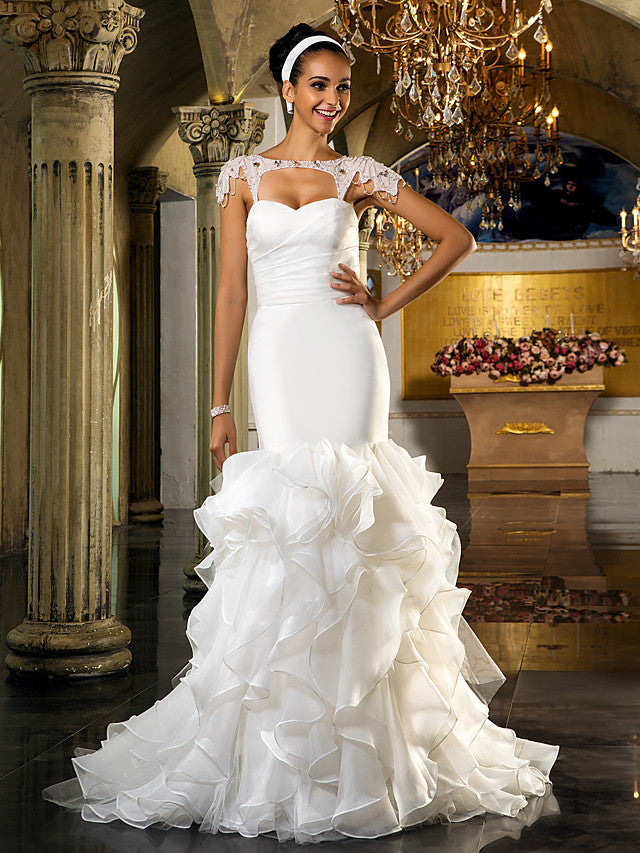 organza ruffle mermaid wedding dress Trumpet Lace Mermaid Style Wedding Dress Plus Size