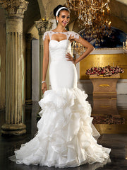 Formal Mermaid Wedding Dress Sweetheart Organza Tulle Cap Sleeve Bridal Gowns with Sweep Train