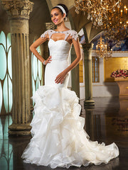 Formal Mermaid Wedding Dress Sweetheart Organza Tulle Cap Sleeve Bridal Gowns with Sweep Train