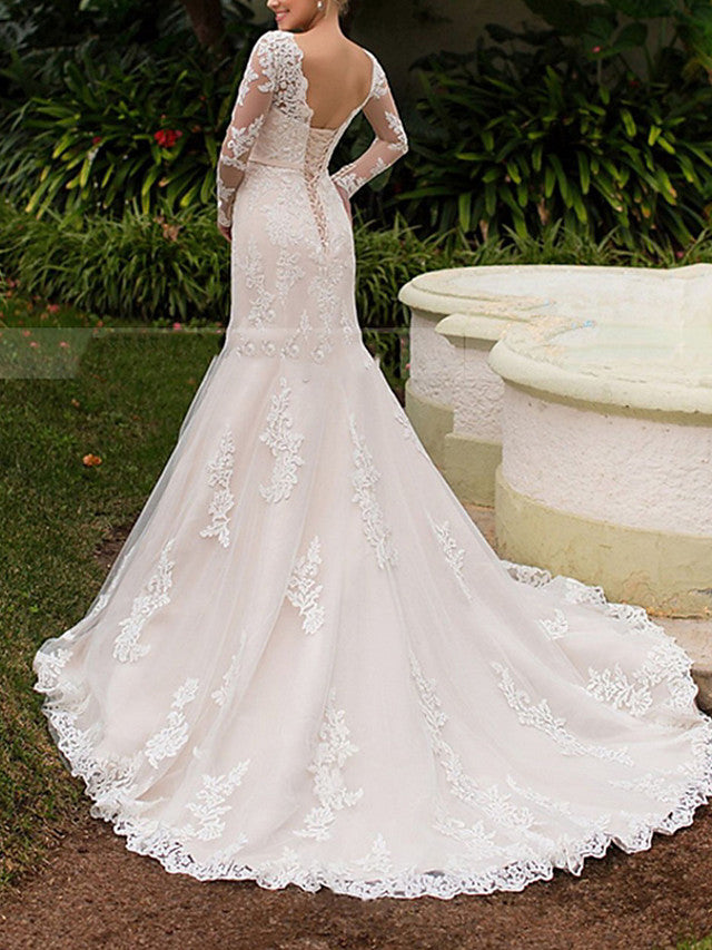 Formal Mermaid Wedding Dresses Off Shoulder Tulle Long Sleeve Plus Size Bridal Gowns with Sweep Train | Suzhoufashion Formal Mermaid Wedding Dresses Off Shoulder Tulle Long Sleeve Plus Size Bridal Gowns with Sweep Train | Suzhoufashion