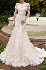 Formal Mermaid Wedding Dresses Off Shoulder Tulle Long Sleeve Plus Size Bridal Gowns with Sweep Train