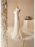 Formal Mermaid Wedding Dresses Strapless Lace Sleeveless Bridal Gowns with Court Train