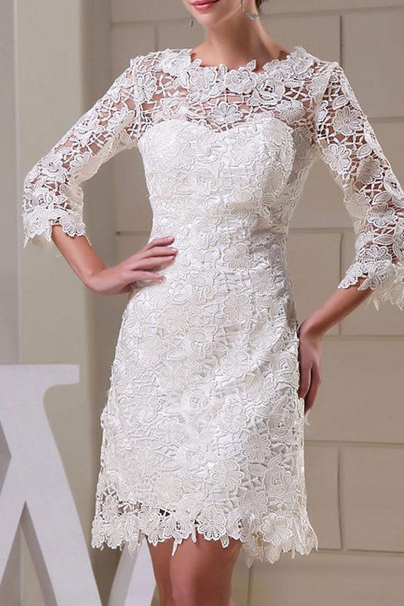 Formal Sheath Wedding Dress Jewel Knee Length Lace Long Sleeves Bridal Gowns On Sale