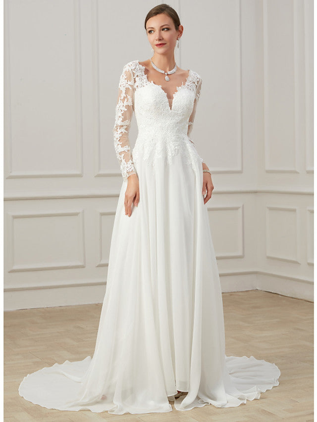 Formal Sheath Wedding Dress V-Neck Lace Tulle Long Sleeves Plus Size Bridal Gowns with Sweep Train
