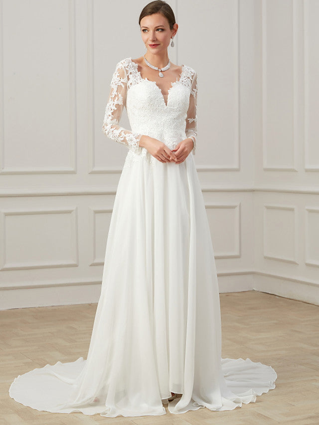 Formal Sheath Wedding Dress V-Neck Lace Tulle Long Sleeves Plus Size Bridal Gowns with Sweep Train