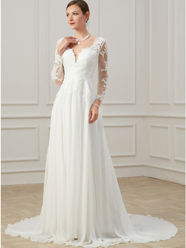 Formal Sheath Wedding Dress V-Neck Lace Tulle Long Sleeves Plus Size Bridal Gowns with Sweep Train