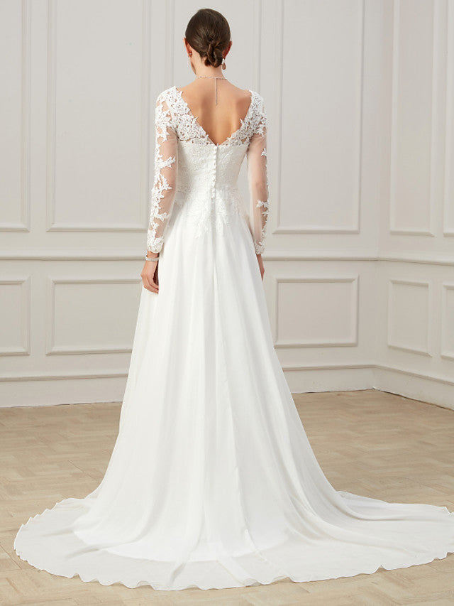Formal Sheath Wedding Dress V-Neck Lace Tulle Long Sleeves Plus Size Bridal Gowns with Sweep Train