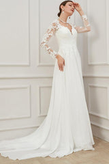 Formal Sheath Wedding Dress V-Neck Lace Tulle Long Sleeves Plus Size Bridal Gowns with Sweep Train