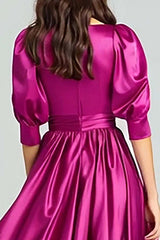 Suzhoufashion Fuchsia A-Line Bateau Neck Satin Long Prom Dress With Sleeves