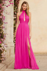 Suzhoufashion Fuchsia A Line Halter Ruched Keyhole Long Chiffon Prom Dress With Slit