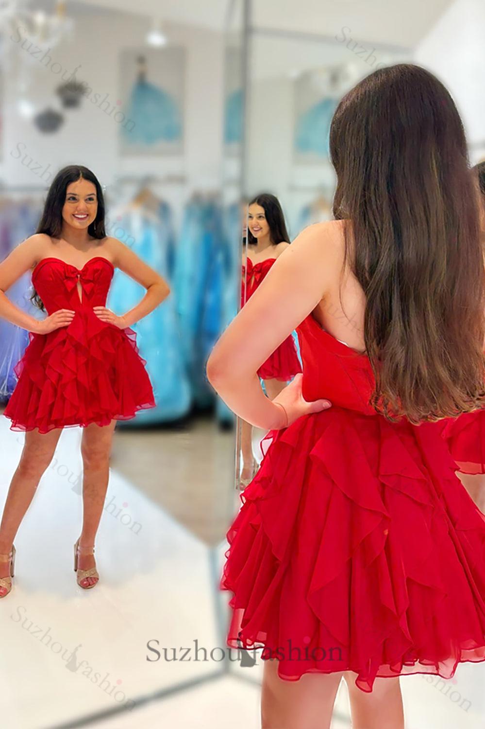 Fuchsia A Line Homecoming Dresses Ruffled Short Corset Cocktail Dresses With Bow