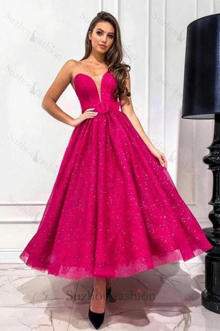 Fuchsia A Line Sweetheart Strapless Sequined Formal Dress