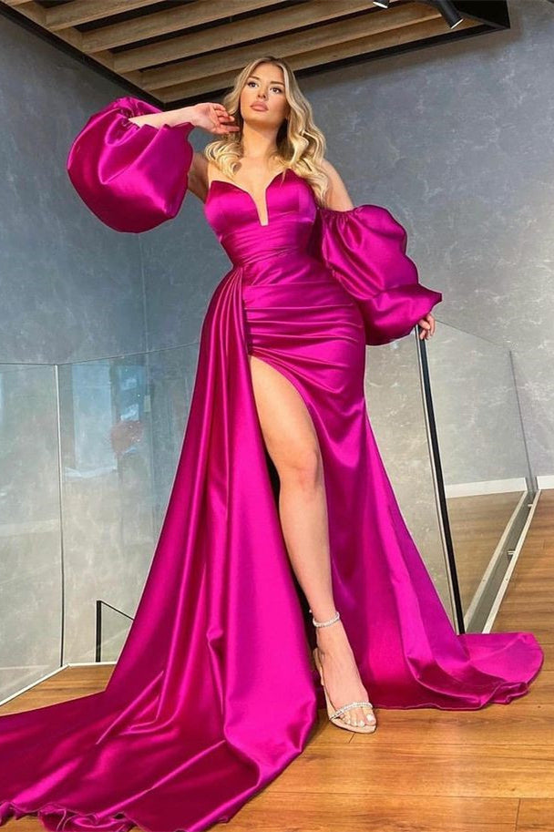 Fuchsia Detachable Sleeves Mermaid Evening Prom Dresses Slit With Ruffles