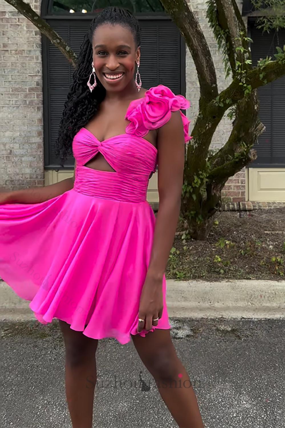 Fuchsia Floral Homecoming Dresses Chiffon A Line Short Cocktail Dresses