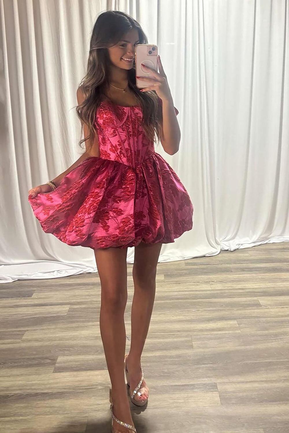 Fuchsia Floral Off-the-Shoulder A-Line Corset Short Homecoming Dress