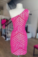 Fuchsia Homecoming Dress One Shoulder Sequin Tight Short Prom Dress