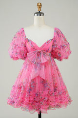 Fuchsia Homecoming Dress Puff Sleeves A-Line Floral Short Prom Dress with Ruffles