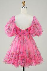 Fuchsia Homecoming Dress Puff Sleeves A-Line Floral Short Prom Dress with Ruffles