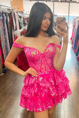 Fuchsia Homecoming Dresses A Line Tiered Lace Short Cocktail Dresses