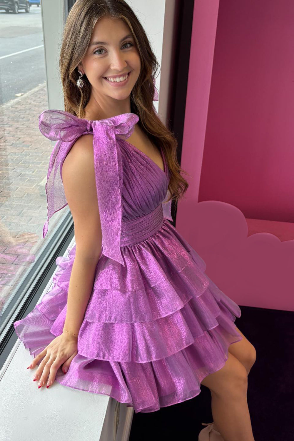 Fuchsia Homecoming Dresses A Line V Neck Ruffled Short Cocktail Dresses