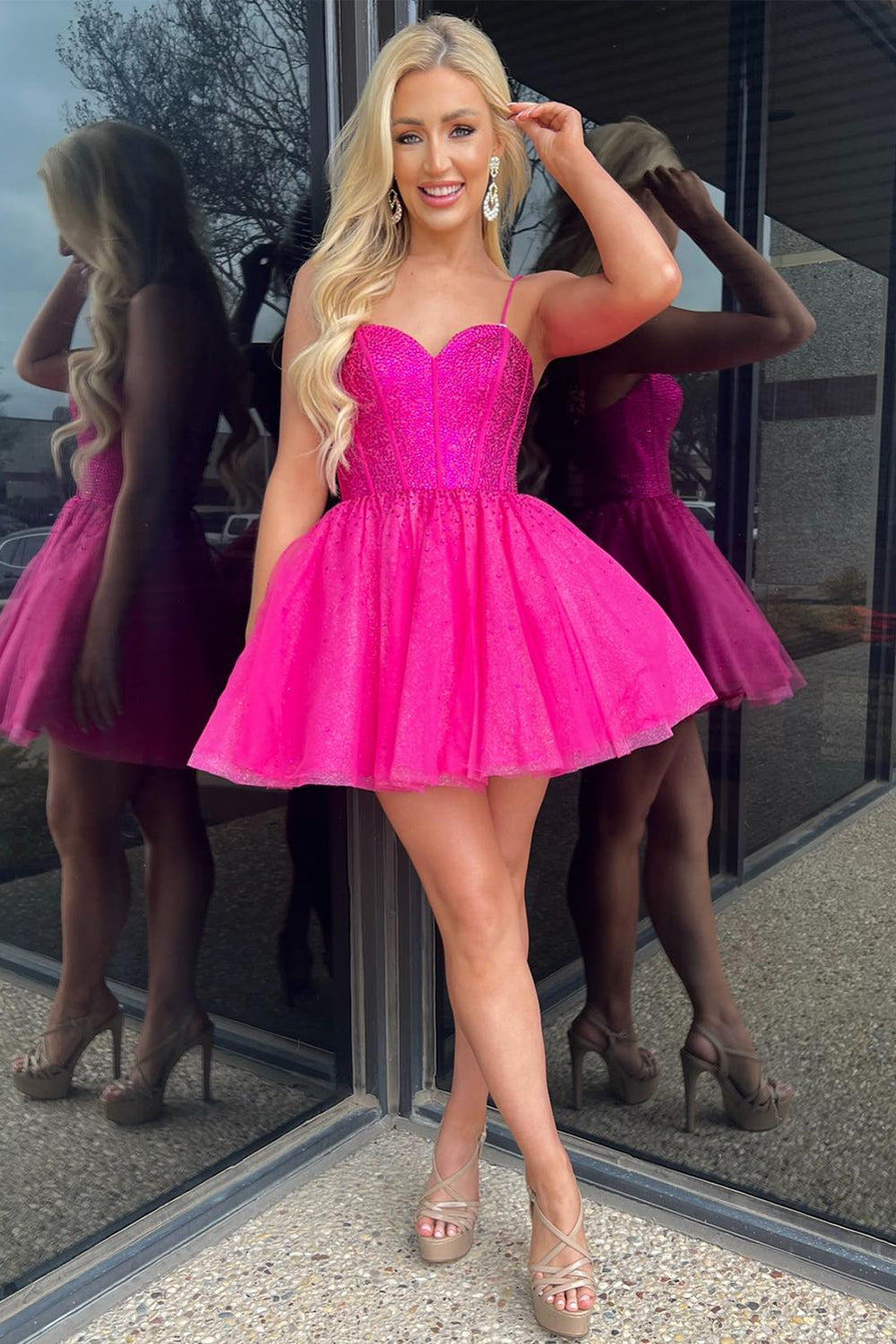 Fuchsia Homecoming Dresses Beaded Corset A-Line Short Tulle Prom Dress