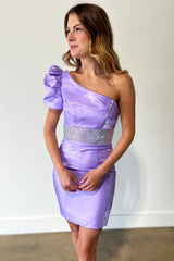 Fuchsia Homecoming Dresses Beaded One Shoulder Tight Short Cocktail Dresses
