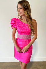 Fuchsia Homecoming Dresses Beaded One Shoulder Tight Short Cocktail Dresses