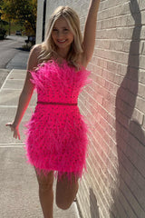 Fuchsia Homecoming Dresses Beaded Tight Short Cocktail Dresses with Feathers