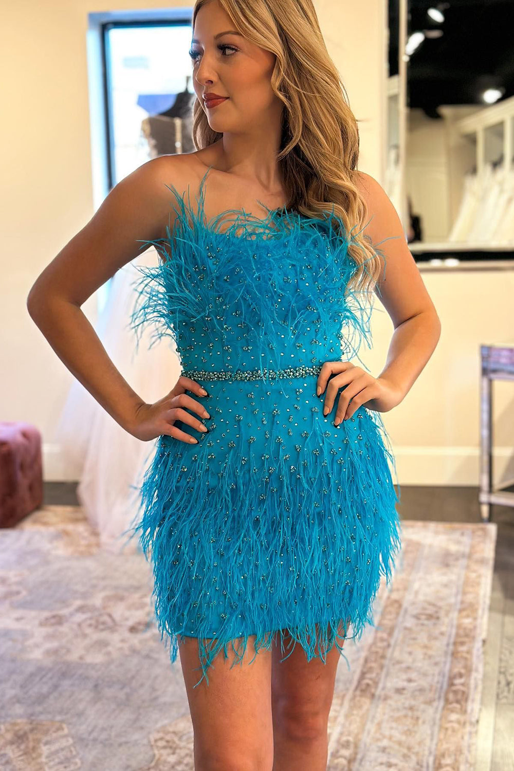 Fuchsia Homecoming Dresses Beaded Tight Short Cocktail Dresses with Feathers