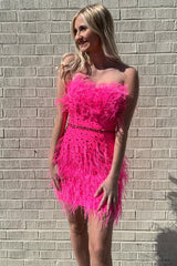 Fuchsia Homecoming Dresses Beaded Tight Short Cocktail Dresses with Feathers