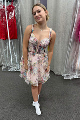 Fuchsia Homecoming Dresses Corset A Line Floral Short Cocktail Dresses