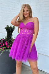 Fuchsia Homecoming Dresses Corset A-Line Tulle Short Cocktail Dresses with Lace