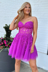 Fuchsia Homecoming Dresses Corset A-Line Tulle Short Cocktail Dresses with Lace