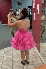 Fuchsia Homecoming Dresses Corset Floral A-Line Short Cocktail Dresses with Lace