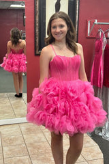 Fuchsia Homecoming Dresses Corset Floral A-Line Short Cocktail Dresses with Lace