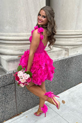 Fuchsia Homecoming Dresses Corset Floral Ruffled Short Cocktail Dresses with Lace