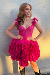 Fuchsia Homecoming Dresses Corset Floral Ruffled Short Cocktail Dresses with Lace