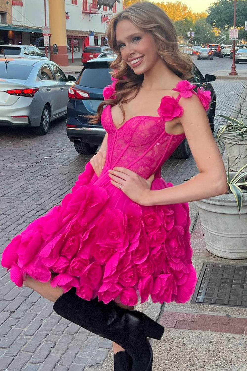 Fuchsia Homecoming Dresses Corset Floral Ruffled Short Cocktail Dresses with Lace